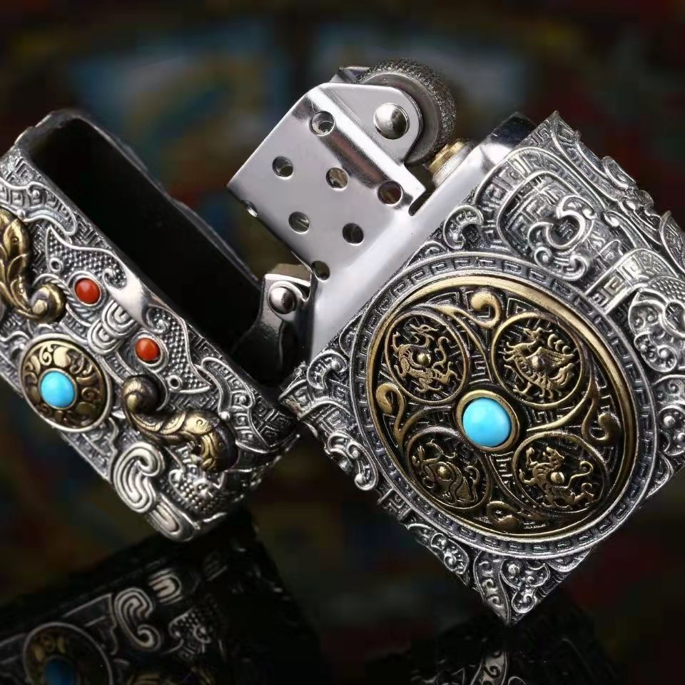 Gold & Silver  Classic Zippo Style Gothic Lighter