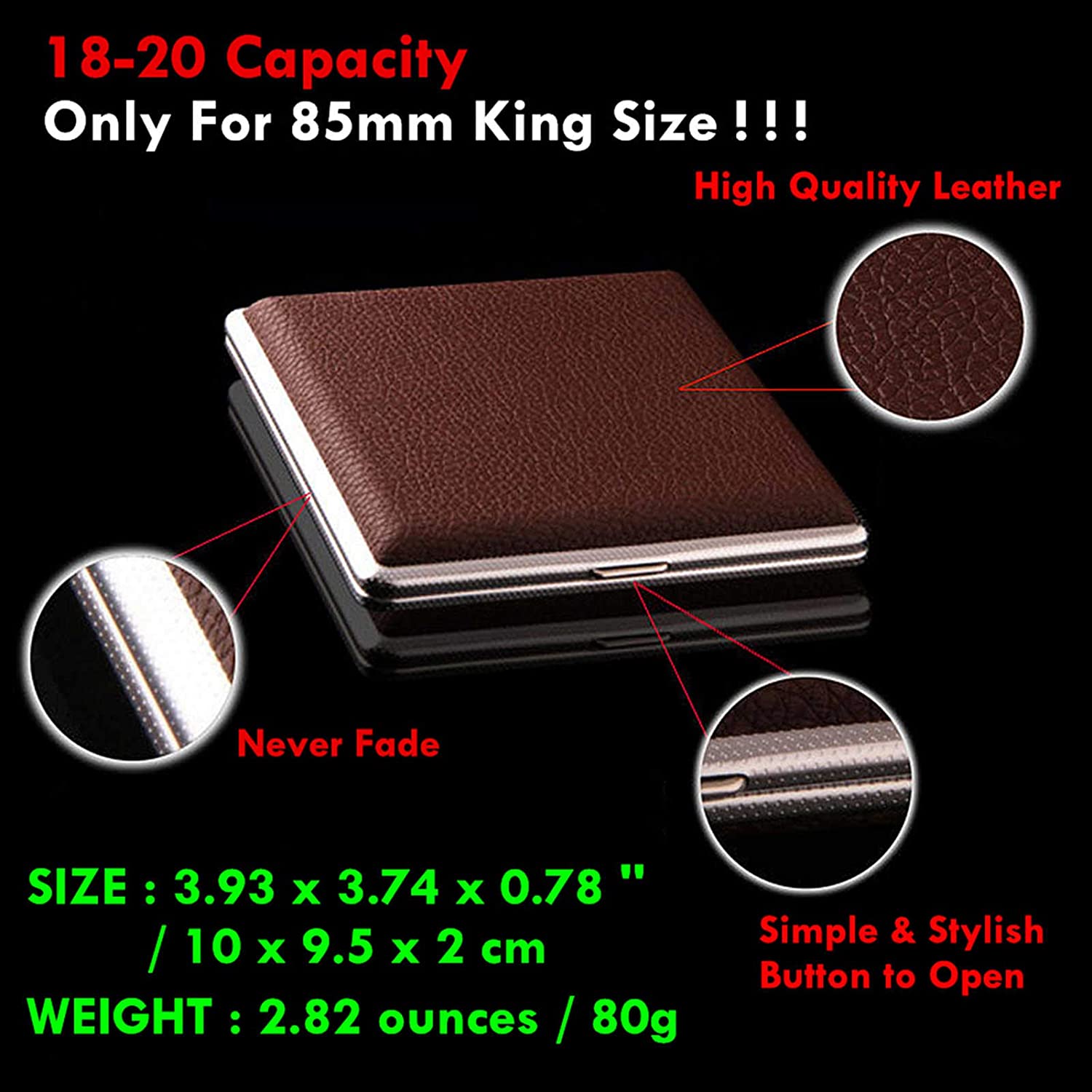 Elegant Leather Cigarette Case Metal King Size
